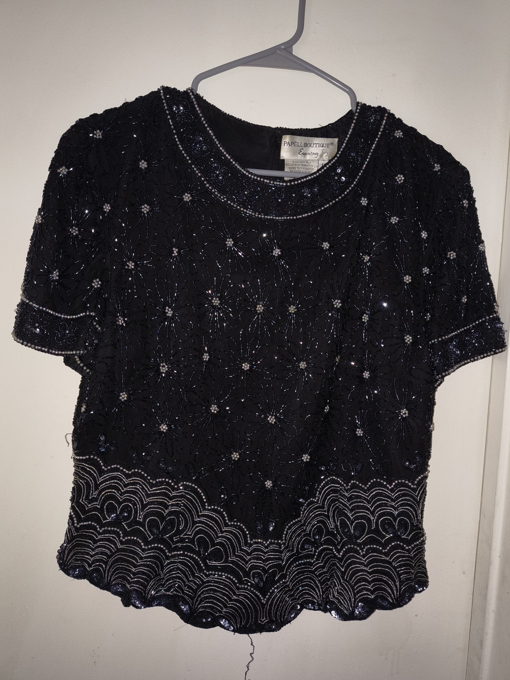 Papell Boutique Navy Beaded Short Sleeve Evening Top
